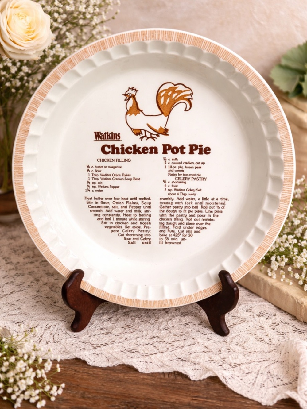 Vintage Watkins Chicken Pot Pie Recipe Plate Rooster Kitchen Grandma Core Decor